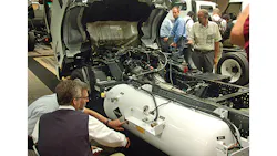 Isuzu promoted the variety of engine choices available on its chassis including this propane fueled NPR HD Isuzu promoted the variety of engine choices available on its chassis including this propane fueled NPR HD