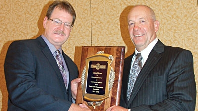 Grant Smith left is the new chairman of TTMA He presents a service appreciation plaque to Glenn Harney Hyundai Translead for serving this past year as TTMA chairman