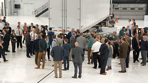 Approximately 90 professionals with interest in traffic safety view the aftermath of a underride crash test at the Insurance Institute for Highway Safety test center in Ruckersville VA May 5