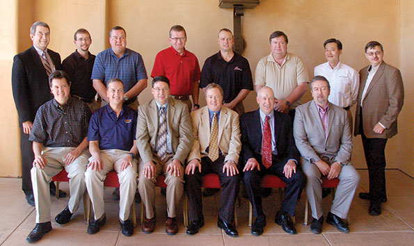 Attending the TTMA Engineering committee are seated left to right Rick Mullininx Great Dane Trailers Jeff Thompson Timpte Inc Dan Giles Fontaine Trailer Company John Pierce East Manufacturing Corp Glenn Harney Hyundai Translead and Gary Fenton Stoughton Trailers LLC Standing left to right are Jeff Sims TTMA George Gauntt Kentucky Trailer Mark Roush Vanguard National Trailer Corp John Rust Trail King Industries Inc Jeff Ingels XL Specialized Trailers Charlie Fetz Great Dane Trailers Christian Lee Hyundai Tr