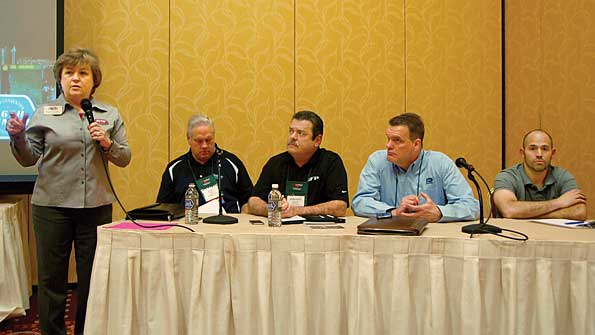 Pam OrsquoToole Trusdale executive director of NATM introduces the special panel discussion on trailer brake safety Shown are Titanrsquos Randy McMann UFPrsquos Bernie Goettker Dexter Axlersquos Tim Meckstroth and UHaul Internationalrsquos Luis Vendrell