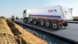 Road construction drives equipment sales worldwide. Above, A Schmitz Cargobull M.KI truck tipper with an electric sliding tarpaulin that can be opened or closed by remote. Road construction drives equipment sales worldwide. Above, A Schmitz Cargobull M.KI truck tipper with an electric sliding tarpaulin that can be opened or closed by remote.