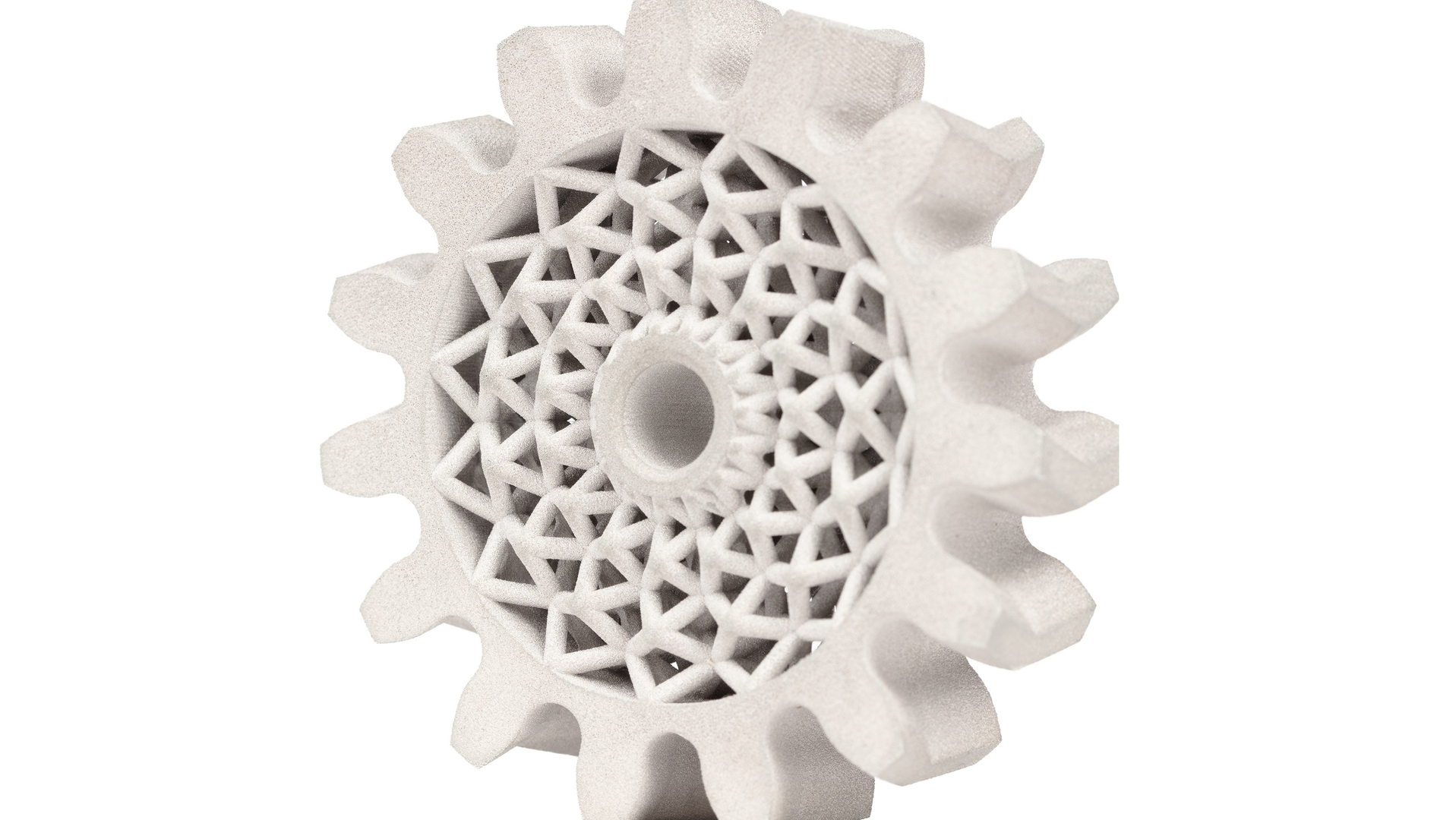 Herringbone gears, which are found in a variety of industrial machinery applications, benefit from the excellent hardness of 4140 low-alloy steel and can be lightweighted using complex lattice designs made possible by additive manufacturing, reducing material cost and reducing wear on external components, such as motors and bearings. This part can be mass produced on the Production System P-50 in quantities up to 200,000 per year with 120 parts nested in each build.