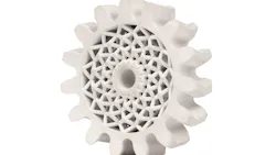 Herringbone gears, which are found in a variety of industrial machinery applications, benefit from the excellent hardness of 4140 low-alloy steel and can be lightweighted using complex lattice designs made possible by additive manufacturing, reducing material cost and reducing wear on external components, such as motors and bearings. This part can be mass produced on the Production System P-50 in quantities up to 200,000 per year with 120 parts nested in each build. Herringbone gears, which are found in a variety of industrial machinery applications, benefit from the excellent hardness of 4140 low-alloy steel and can be lightweighted using complex lattice designs made possible by additive manufacturing, reducing material cost and reducing wear on external components, such as motors and bearings. This part can be mass produced on the Production System P-50 in quantities up to 200,000 per year with 120 parts nested in each build.