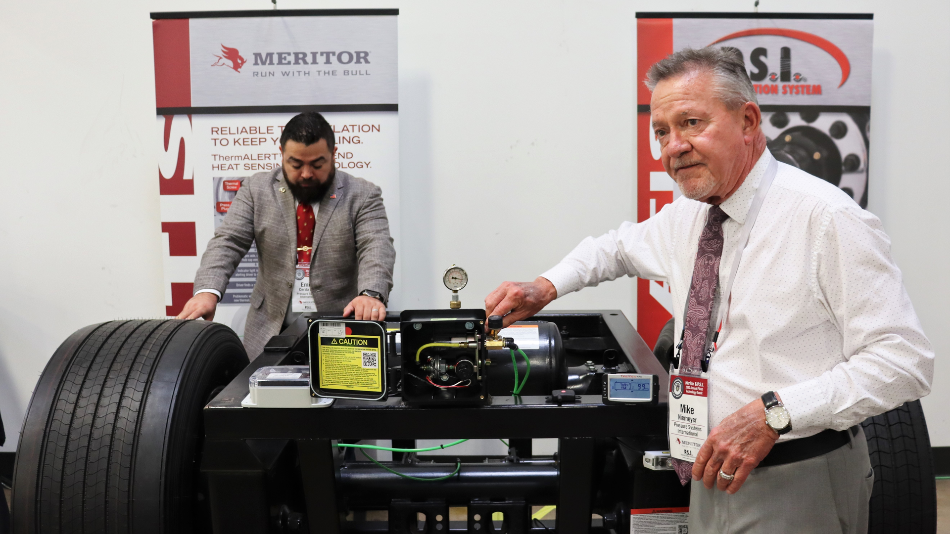 Mike Niemeyer, director of strategic accounts, explains how the Meritor Tire Inflation System works during a tour of P.S.I.&rsquo;s plant in San Antonio.