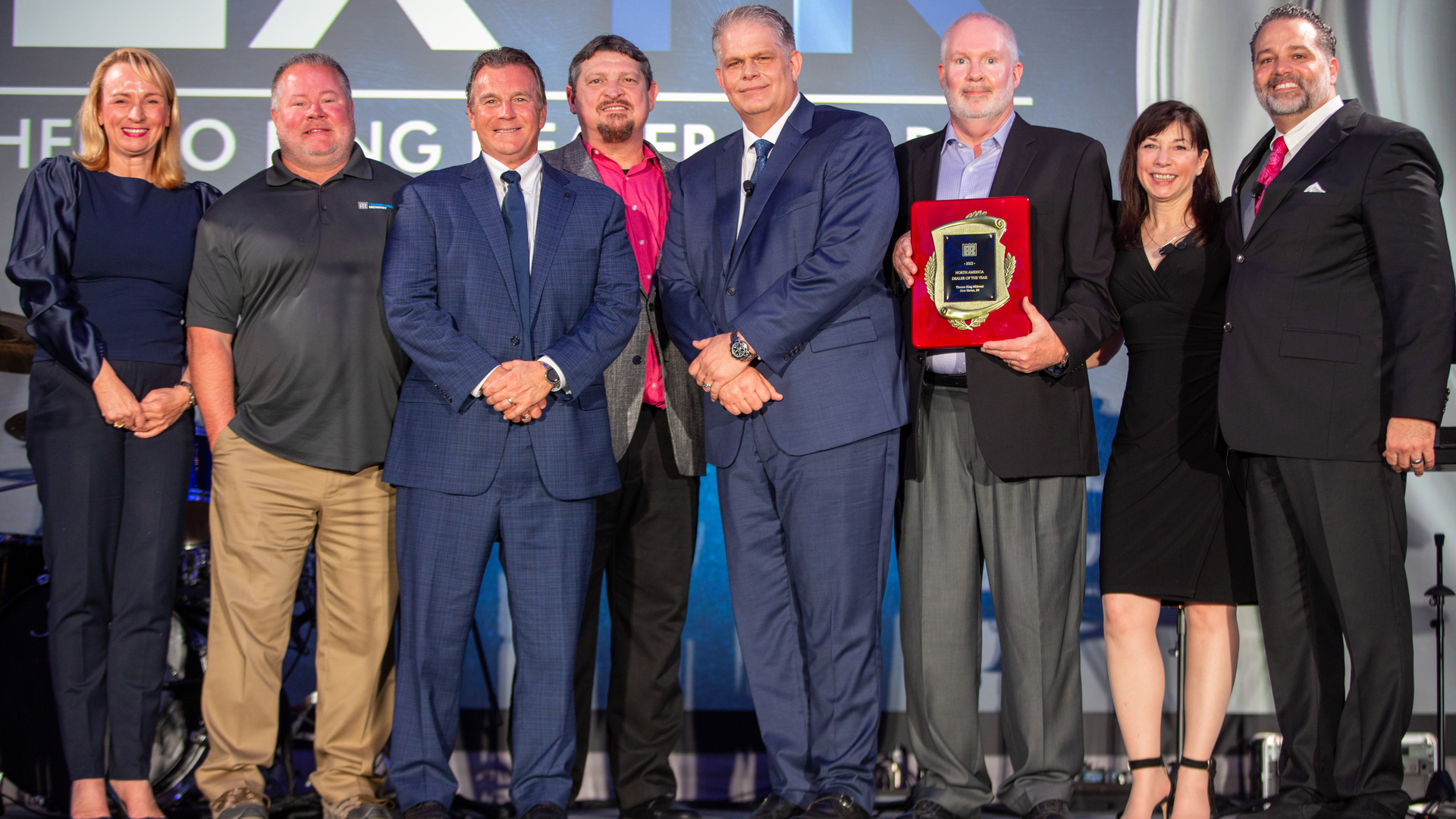 From left to right are Karin De Bondt, president of Thermo King Americas; David Smith, telematics manager for Thermo King Midwest; Don Reinhart, general manager of Thermo King Midwest North; Glenn Bartholomew, Thermo King Midwest CFO; Steve Bach, GM of aftermarket products and bus at Thermo King Americas; Tom Lantrip, executive VP of Thermo King Midwest; Carrie-Ann Flank, VP of sales at Thermo King Americas; and Mark Nyman, channel excellence leader for Thermo King Americas.
