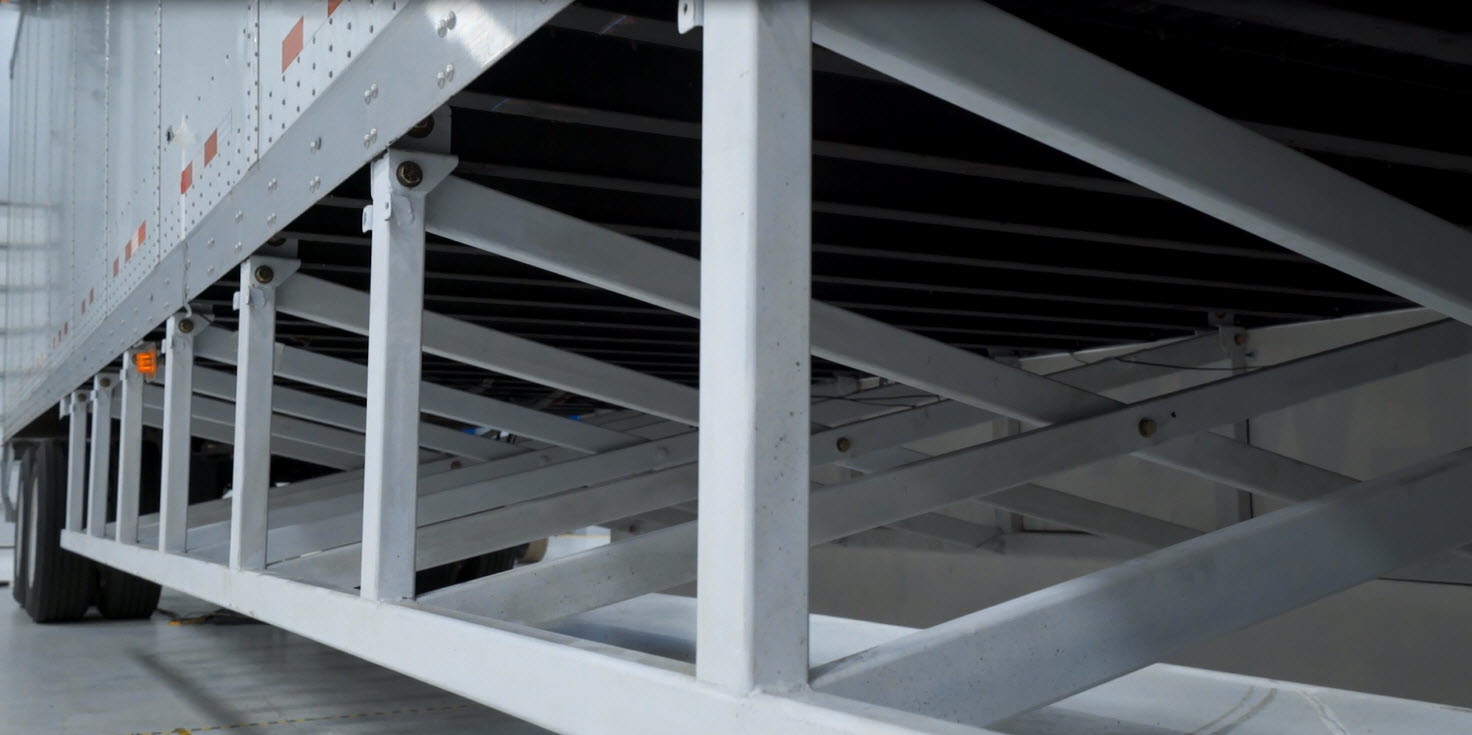 The AngelWing side underride guard structure, seen here without the aero skirt, has been shown to be effective in protecting passenger car occupants in 40 mph crash tests.