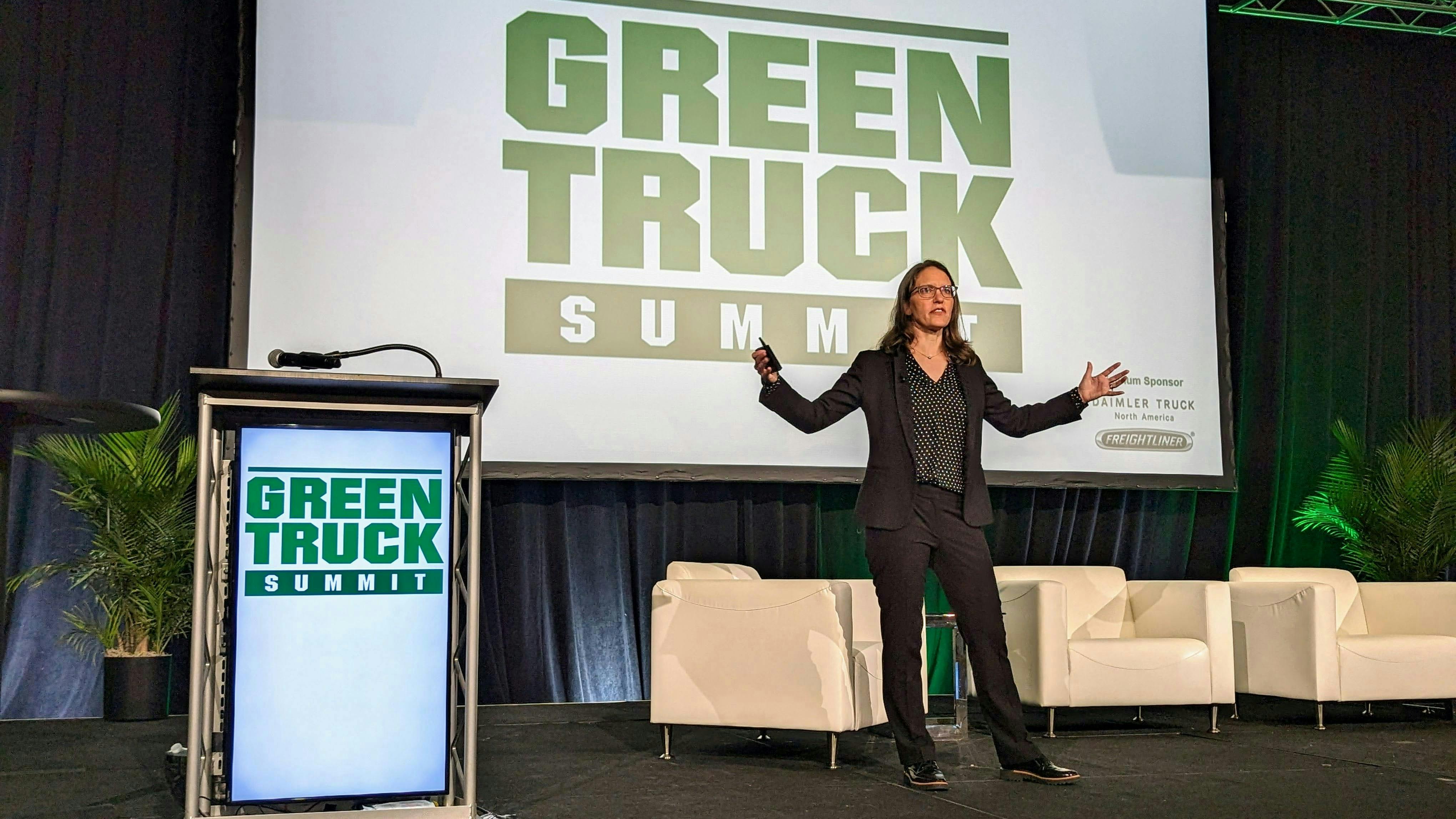 Mary Aufdemberg, GM of product strategy and market development for Daimler Truck North America, gives the keynote address during the the 2024 Green Truck Summit during NTEA's Work Truck Week in Indianapolis.
