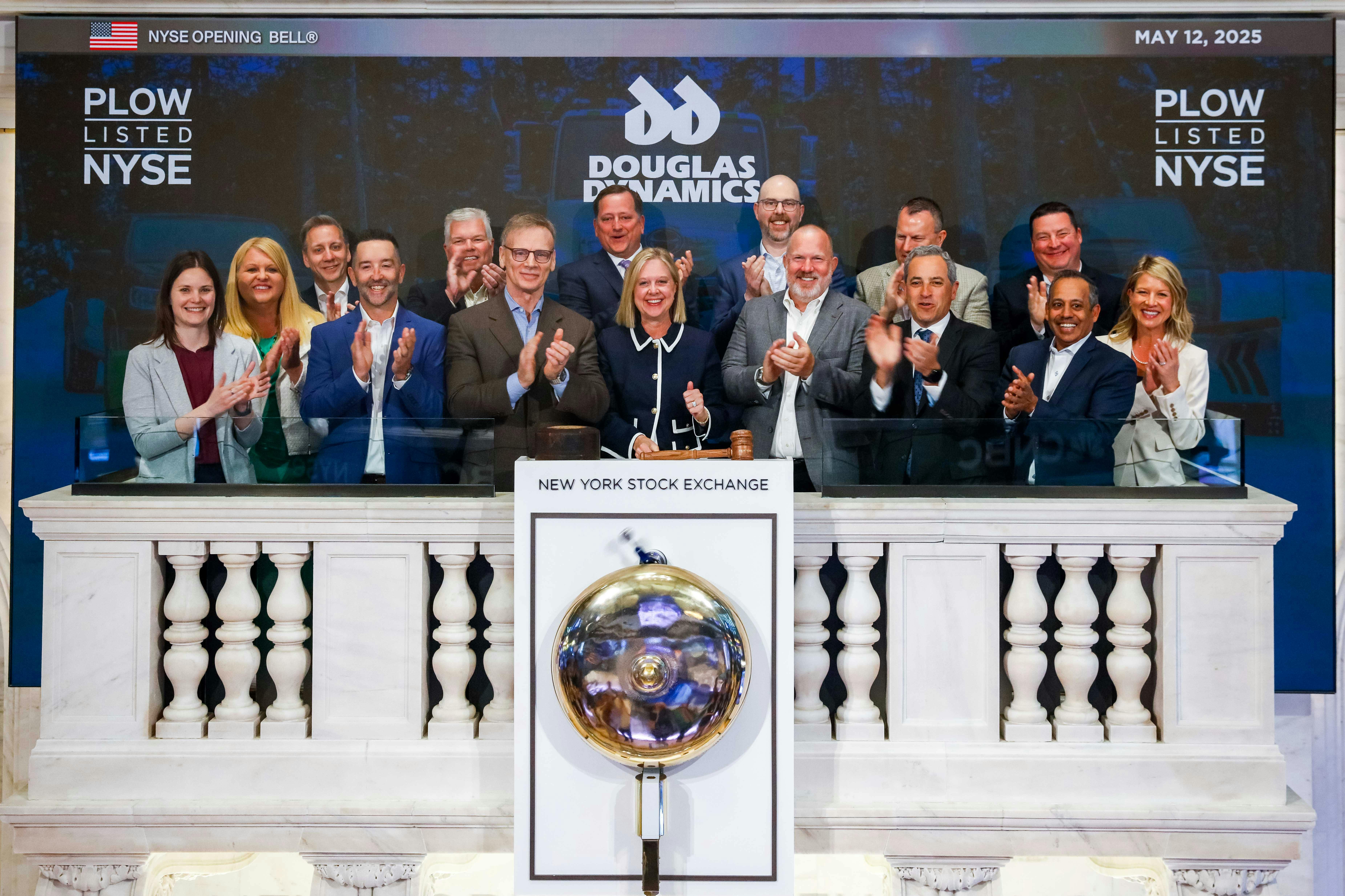 Sarah Lauber, Douglas Dynamics EVP and CFO, rings the opening bell on the New York Stock Exchange on May 12, 2025.
