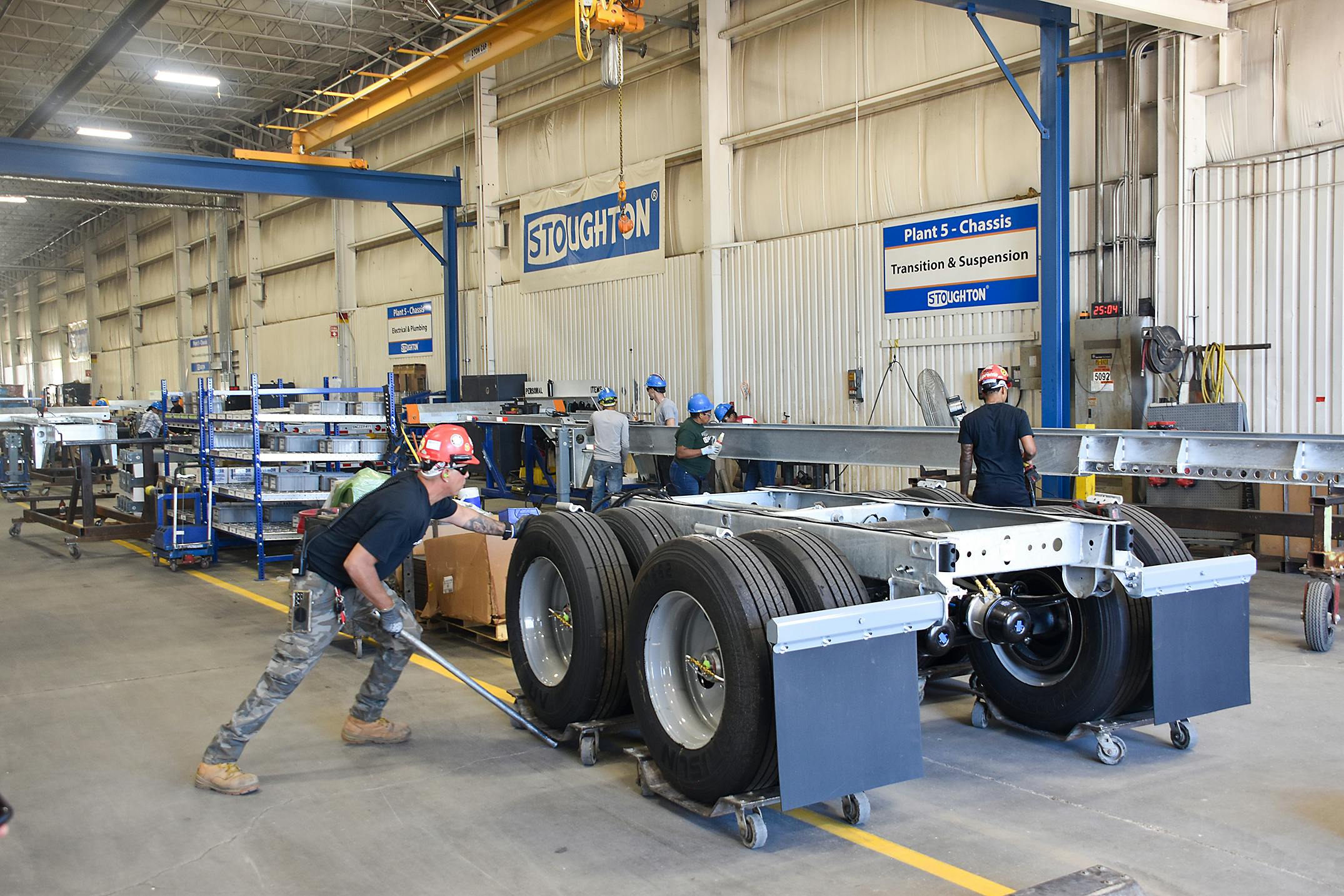 Stoughton Trailers restarted its chassis assembly line, shown here in September 2023, after the U.S. International Trade Commission determined that China engaged in unfair trade practices that harmed domestic chassis production.