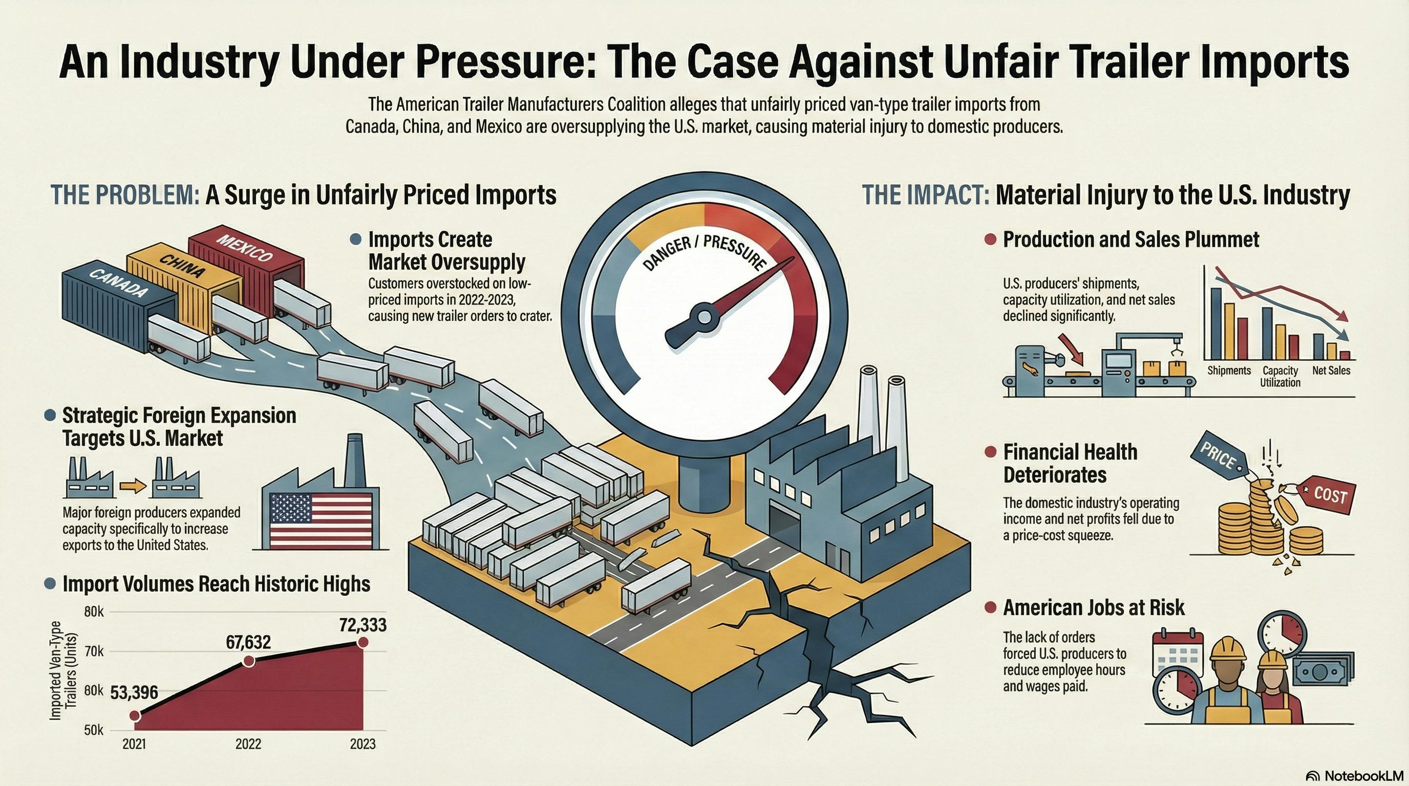This infographic was generated by NotebookLM, an AI tool by Google, drawing from a petition filed by the American Trailer Manufacturers Coalition alleging unfair trade practices by U.S. importers of trailers and subsystems. TBB editors have reviewed the information, and deem the infographic an accurate representation of the filing.