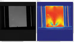 The output comparing averaged (b/w non-polarized) image and a heat map image, calculated using a phase retardation correlated to stress applied to the PET block. Note the stress clearly shown in blue. The output comparing averaged (b/w non-polarized) image and a heat map image, calculated using a phase retardation correlated to stress applied to the PET block. Note the stress clearly shown in blue.