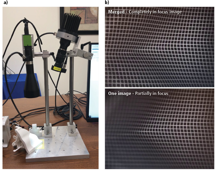 Figure 1: (a) This active extended depth of field demonstration works by simultaneously refocusing the camera and the structured light projector at multiple planes for 3D reconstruction. (b) The image on the top shows a merged image, completely in focus, while the image on the bottom shows one image, partially in focus.