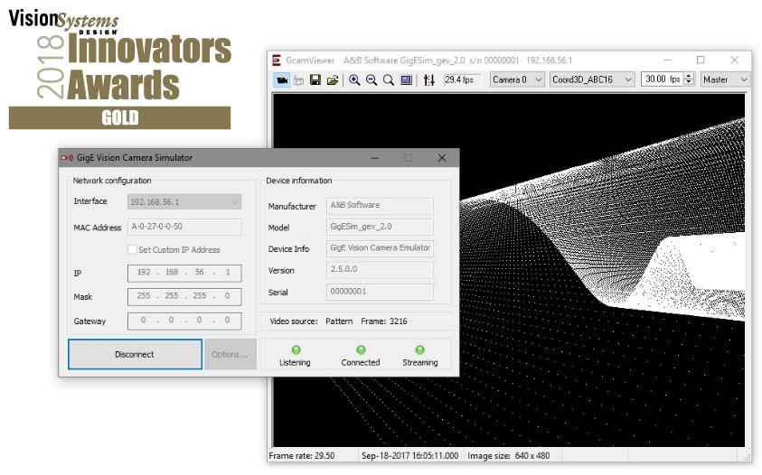 GigESim camera simulator and ActiveGigE viewer transmittin/receiving a simulated 3D point cloud pattern.