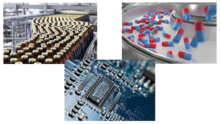 Figure 1: Canned food, bottles, engine parts, and electronic sub-assemblies may be checked for correct label orientation, fill levels, barcodes, and the presence/absence of components. Such high-speed production systems themselves must also be monitored to diagnose any mechanical failure that may occur.