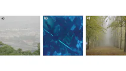 FIGURE 1. A test dataset for hazy images consists of a city view (a), a turbid underwater view (b), and a forest scene (c). FIGURE 1. A test dataset for hazy images consists of a city view (a), a turbid underwater view (b), and a forest scene (c).