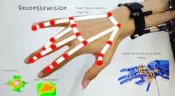 Figure 2: FingerTrak's deep learning model analyzes only the outline of the wearer's hand to estimate finger joint positions. Figure 2: FingerTrak's deep learning model analyzes only the outline of the wearer's hand to estimate finger joint positions.