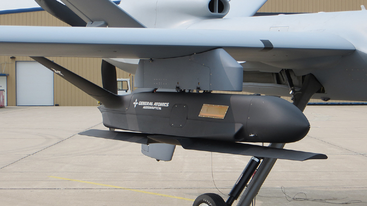 The General Atomics Aeronautical Systems Sparrowhawk UAS, mounted on an aircraft hardpoint.