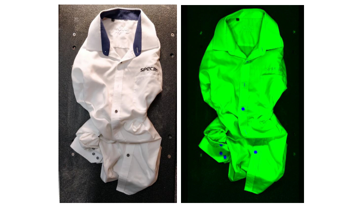Figure 1: An RGB image of a shirt (left) and a hyperspectral image of the same shirt, to be used for chemical analysis (right).