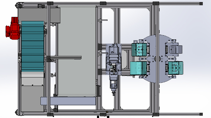 Figure 1: The four components of the pick-and-place system, left to right: feeder, backlit conveyor belt, Epson cobot, and twin-station rotary dial.