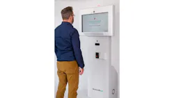 Figure 1. The solution Nuvoola developed includes an app that employees use to assess their health status before arriving at work in addition to an onsite, touchless kiosk. (Photo courtesy of Nuvoola AI.) Figure 1. The solution Nuvoola developed includes an app that employees use to assess their health status before arriving at work in addition to an onsite, touchless kiosk. (Photo courtesy of Nuvoola AI.)