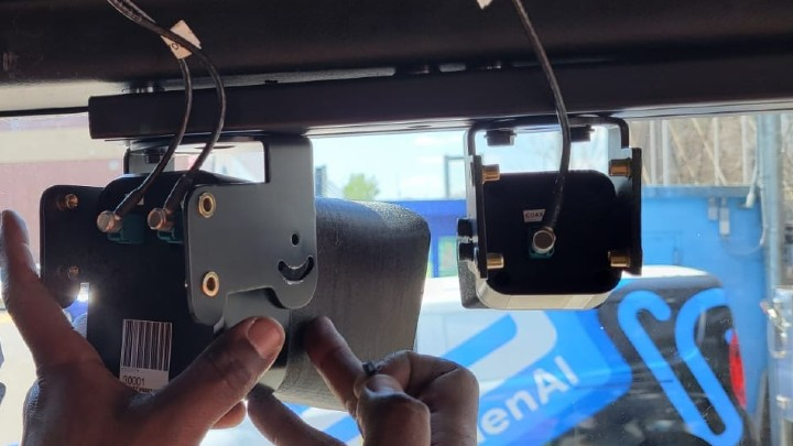 The two-camera system from Hayden AI is mounted on the windshield of public buses in the New York area.