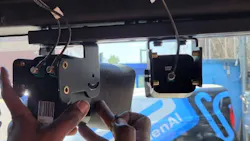 The two-camera system from Hayden AI is mounted on the windshield of public buses in the New York area. The two-camera system from Hayden AI is mounted on the windshield of public buses in the New York area.