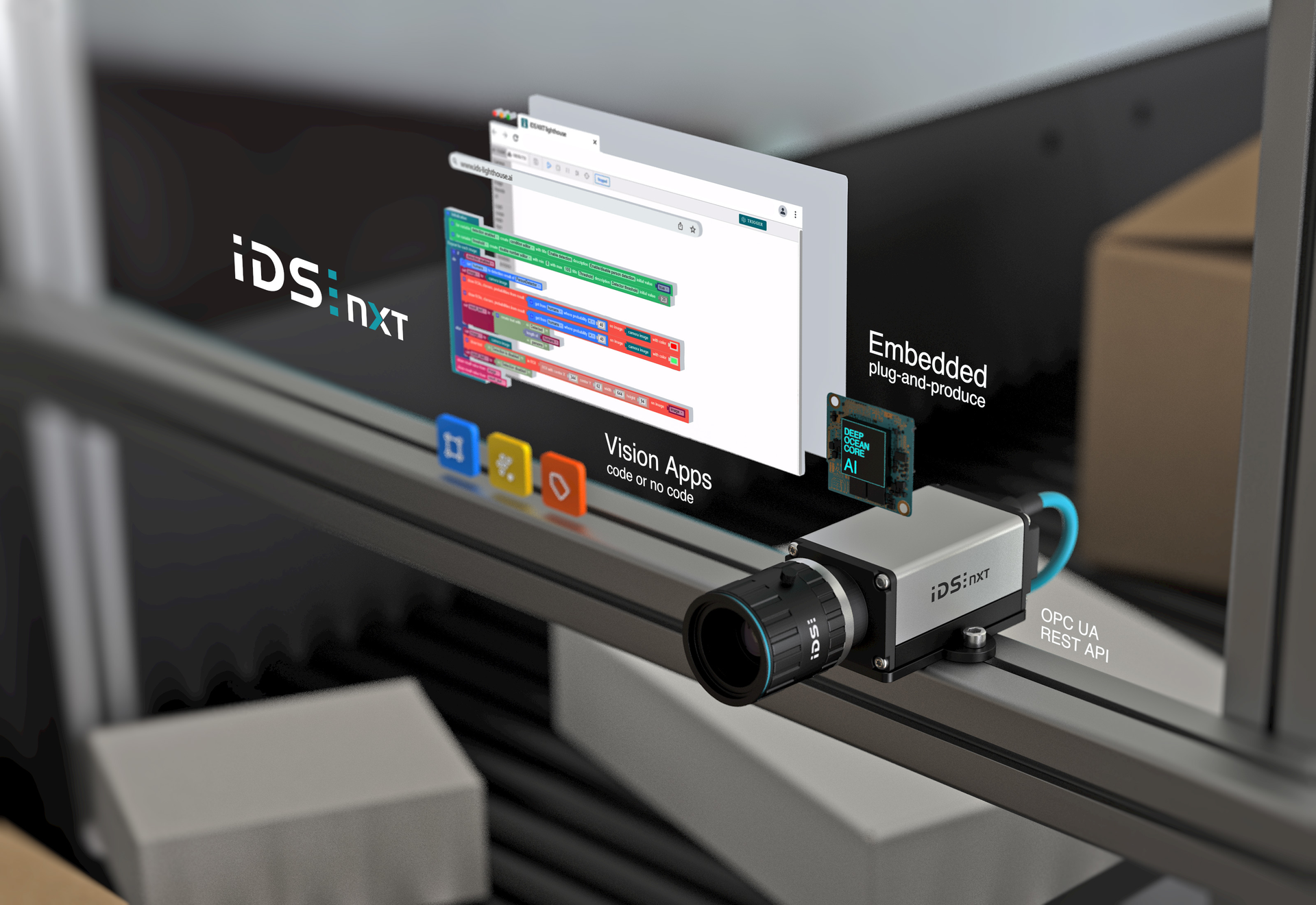 Figure 1: IDS NXT is a comprehensive AI-based vision system consisting of intelligent cameras plus software environment that covers the entire process from the creation to the execution of AI vision applications. (Photo courtesy of IDS Imaging Development Systems.)