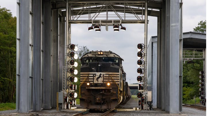 Figure 1: Train inspection portals combine high-resolution cameras, stadium lights and AI algorithms to capture and then analyze images of trains moving at up to 60 mph.