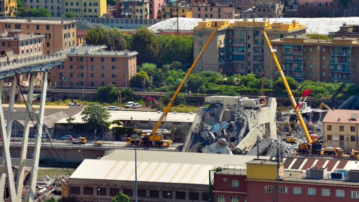 Figure 1: On August 14, 2018, the Ponte Morandi, a major highway viaduct in Genoa, Italy, collapsed during a rainstorm, killing 43 people. Insufficient maintenance was suspected to be a cause for the disaster