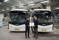 Bitsensing CEO Jae-Eun Lee (left) and Koreawide Express Group CEO Sang Hoon Lee. Bitsensing recently installed ADAS systems in Koreawide buses running routes in downtown Daegu, S. Korea. Bitsensing CEO Jae-Eun Lee (left) and Koreawide Express Group CEO Sang Hoon Lee. Bitsensing recently installed ADAS systems in Koreawide buses running routes in downtown Daegu, S. Korea.