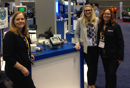 Blue-White’s Shawn Yourd, center, with Editor Lori Ditoro, left, and Account Executive Lisa Williman, right, at WEFTEC 2015, during which many chemical and filtration treatment technologies were on display.