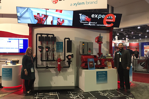 Editor in Chief Lori Ditoro (L) and Xylem’s Kyle DelPiano (R) at the 2017 AHR Expo