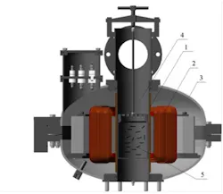 Figure 1. A vortex layer unit: 1 – protective collar; 2 – rotating field induction coil; 3 – induction coil case; 4 – nonmagnetic chamber; 5 – ferromagnetic particles. Graphic courtesy of GlobeCore Figure 1. A vortex layer unit: 1 – protective collar; 2 – rotating field induction coil; 3 – induction coil case; 4 – nonmagnetic chamber; 5 – ferromagnetic particles. Graphic courtesy of GlobeCore
