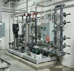 To manage efficiency needs and varying growth demands, Grundfos supplied two SMART Digital Dosing pumps and a CRN vertical multistage centrifugal pump for a 100 gpm RO packaged system. To manage efficiency needs and varying growth demands, Grundfos supplied two SMART Digital Dosing pumps and a CRN vertical multistage centrifugal pump for a 100 gpm RO packaged system.
