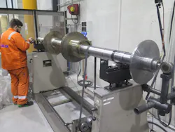 Setting up the de-staged rotor from the main pump for balancing before reassembly Setting up the de-staged rotor from the main pump for balancing before reassembly