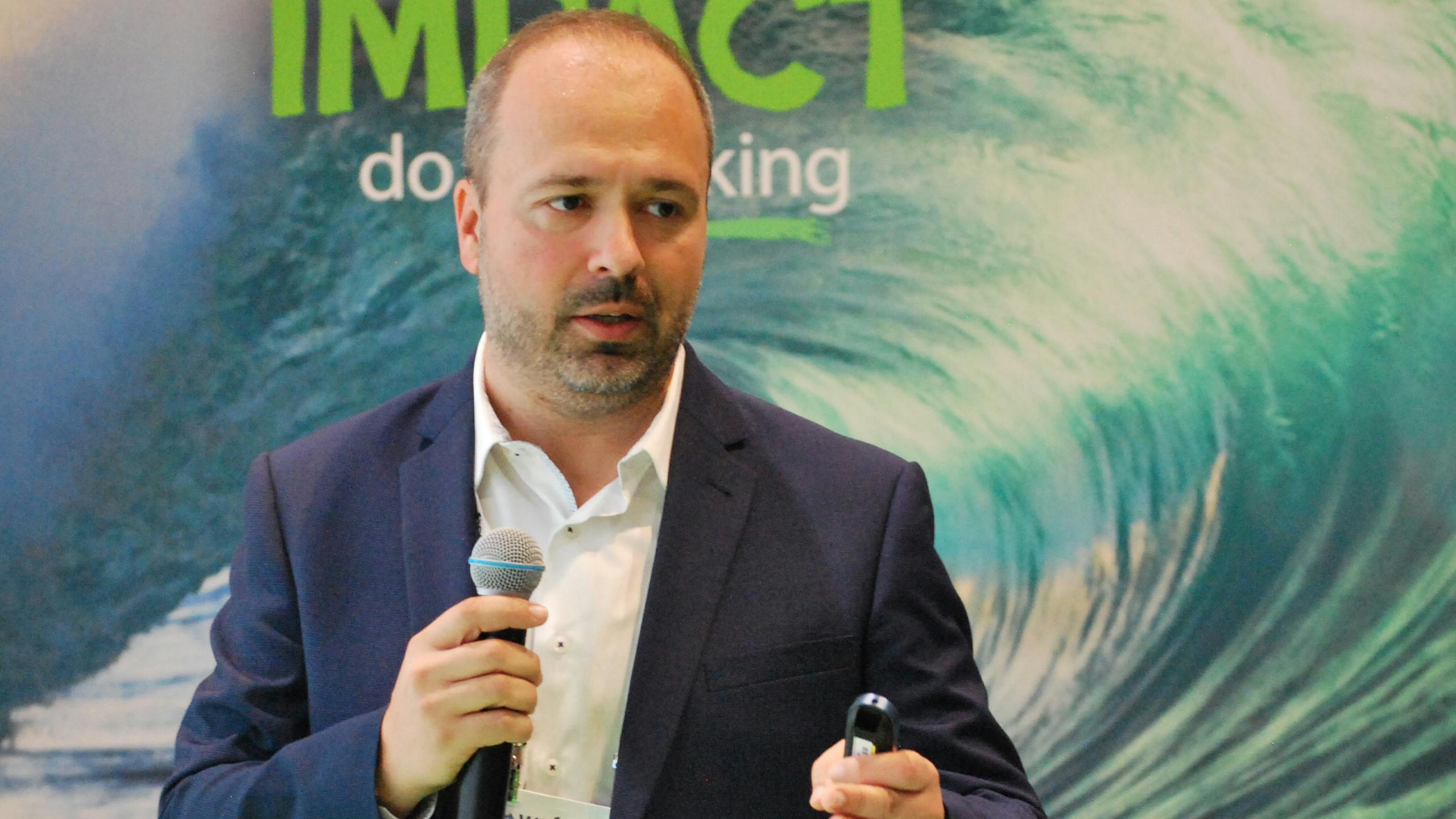 Vincent Puisor speaks during his presentation at the Schneider Electric booth at WEFTEC 2024.