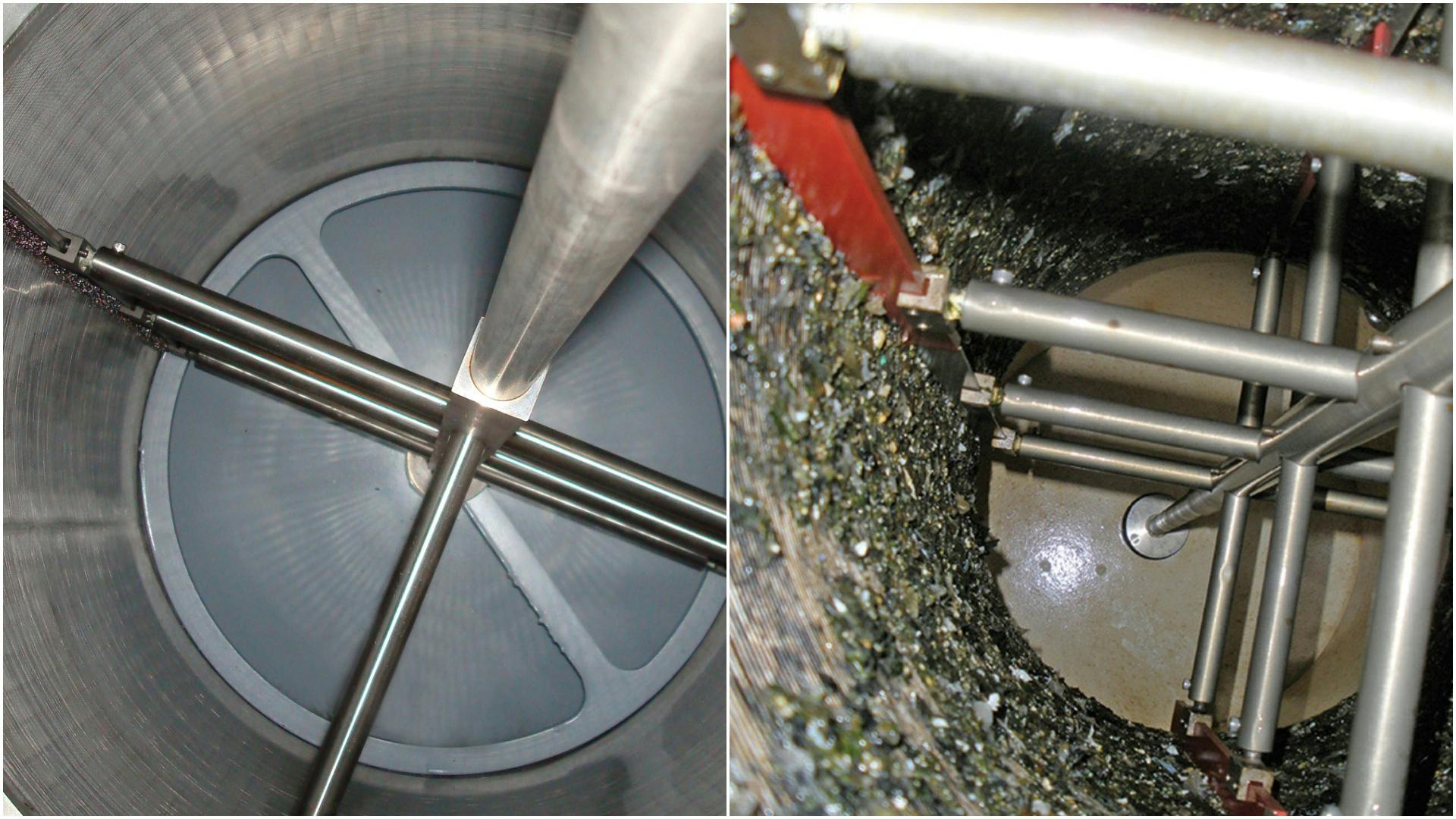 Scraper strainers allow the solids to accumulate at the bottom of the vessel, where the blowdown valve will open periodically to clear them out.
