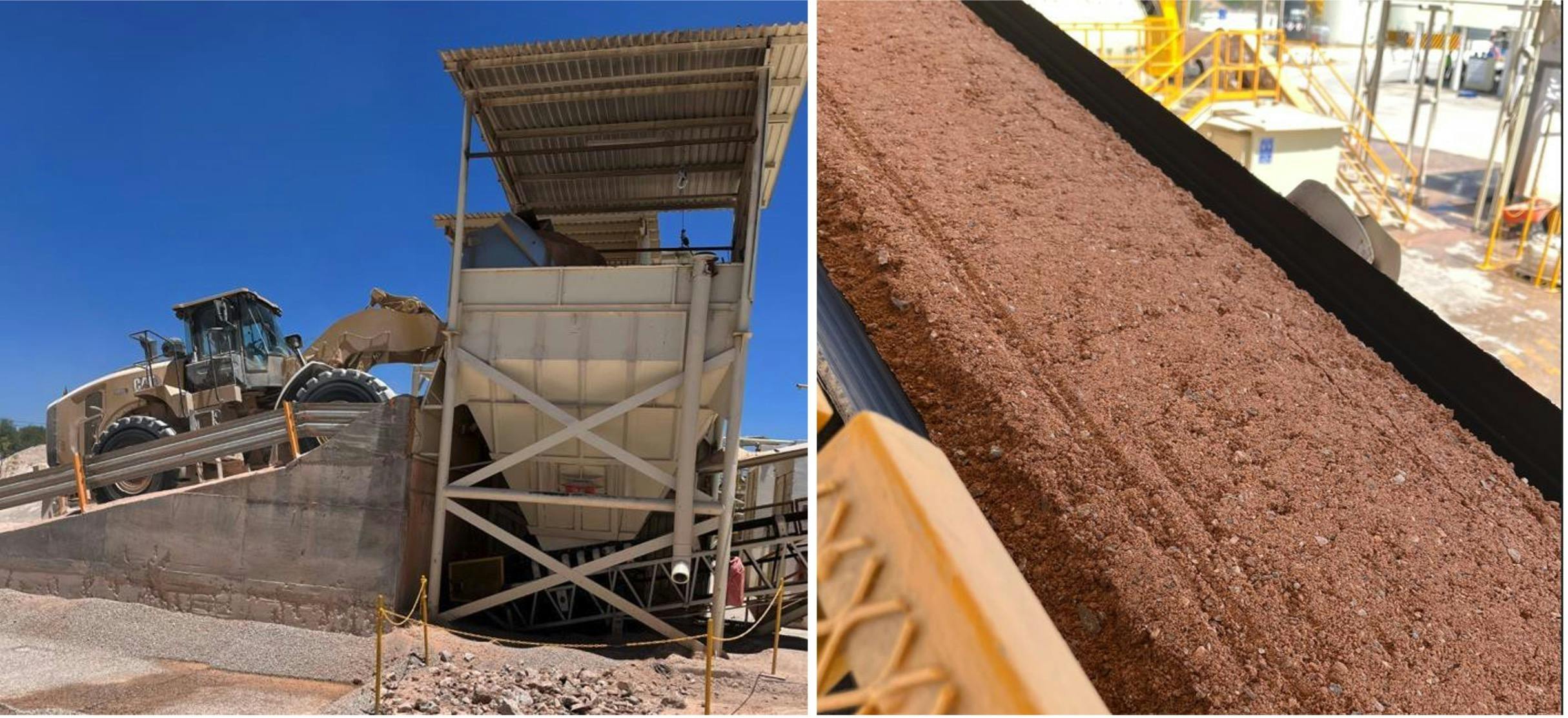 Offloaded crushed mineral material is fed by front-end loader into two streams &mdash; plant 1 handles approximately 1,100-plus tons of dry material daily, while plant 2 can process 900-plus tons per day.