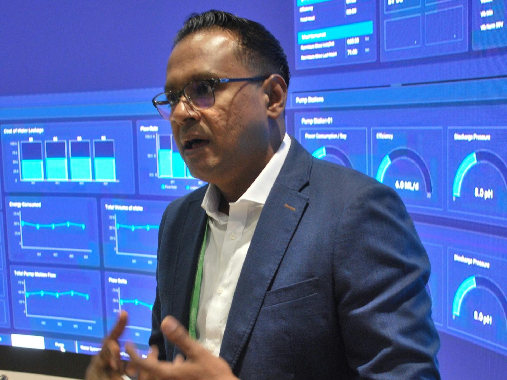 Schneider Electric water and wastewater segment leader Shan Subramaniam at the company's booth on Monday at WEFTEC 2025.