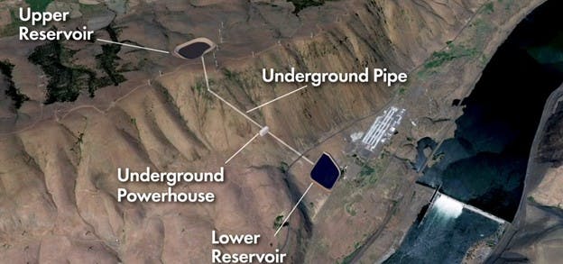 Aerial view of Goldendale Pumped Storage project. Courtesy Rye Development/YouTube video screenshot