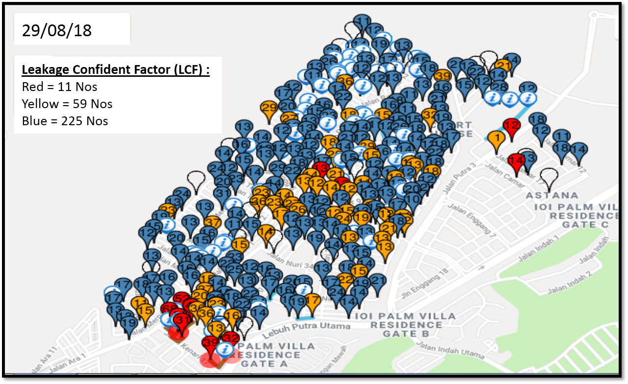Google Maps graphic showing Enigma3m loggers in situ in Bandar Putra B DMA. Eleven loggers are pinpointed in red, indicating the locations with the highest likelihood of leakage.