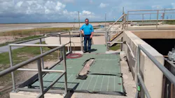 Charles F. Ortiz, P.E., district engineer in charge at the Laguna Madre Water District, stands at one of the Texas sites where the Anue geomembranes are used. Charles F. Ortiz, P.E., district engineer in charge at the Laguna Madre Water District, stands at one of the Texas sites where the Anue geomembranes are used.