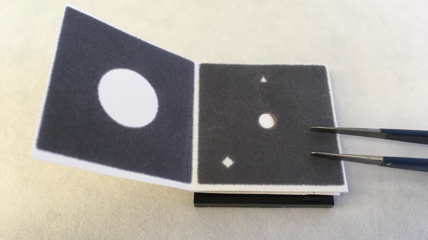 The paper device is folded and unfolded in steps to filter the nucleic acids of pathogens from wastewater samples, then a biochemical reaction with preloaded reagents detects whether the nucleic acid of SARS-CoV-2 infection is present. Results are visible to the naked eye: a green circle indicating positive and a blue circle negative.