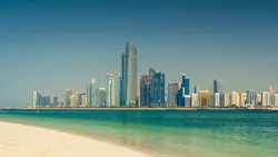 Abu Dhabi, a sprawling city in the United Arab Emirates that's located directly south of the Taweelah desalination plant. Abu Dhabi, a sprawling city in the United Arab Emirates that's located directly south of the Taweelah desalination plant.
