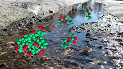 The photo illustration shows GenX molecules, the red and green circles, superimposed over a stream. the interaction between GenX and water lead to the formation of micelles, which occur in higher concentrations near surfaces, like the pebbles of the stream The photo illustration shows GenX molecules, the red and green circles, superimposed over a stream. the interaction between GenX and water lead to the formation of micelles, which occur in higher concentrations near surfaces, like the pebbles of the stream