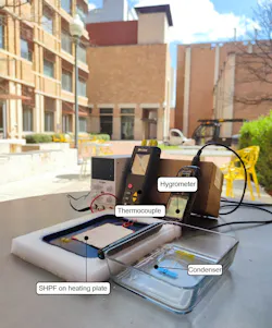 A prototype device can capture water from the air using the new film. A prototype device can capture water from the air using the new film.