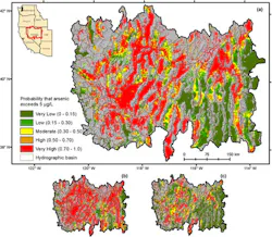 Predicted probability of arsenic ≥5 μg/L in alluvial aquifers of the western Great Basin. Bedrock aquifers and lakes are shown in gray and were not included in the arsenic hazard assessment. Predicted probability of arsenic ≥5 μg/L in alluvial aquifers of the western Great Basin. Bedrock aquifers and lakes are shown in gray and were not included in the arsenic hazard assessment.