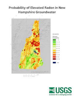 USGS map identifying the percent probability for any location in New Hampshire to have groundwater with radon concentrations greater than the state government’s standard. USGS map identifying the percent probability for any location in New Hampshire to have groundwater with radon concentrations greater than the state government’s standard.