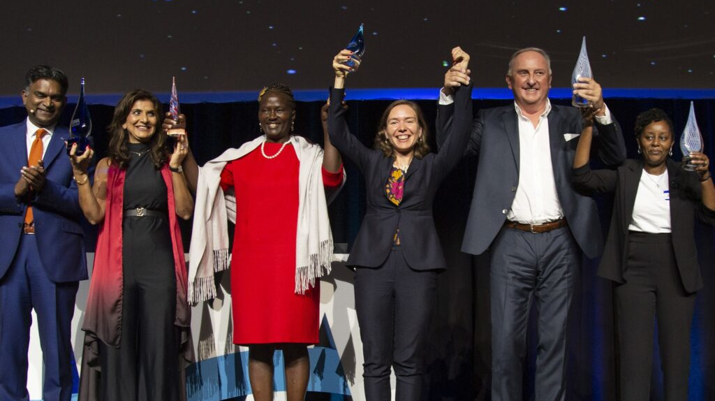 Award winners at the Opening Ceremony of the IWA 2022 World Water Congress & Exhibition, including the Water and Development Awards for Research (Damir Brdjanovic, second from right) and Practice (Africa Sand Dam Foundation, representative on the far right).